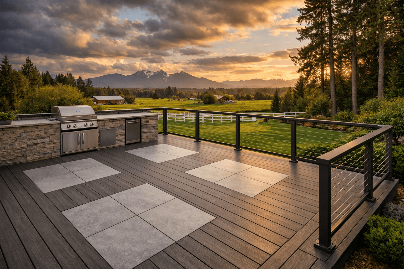 Design concept: Modern Composite Deck with Steel Cable Railing on a residential property in Langley, British Columbia. Hardscaping inspiration by Daedalus Contracting.
