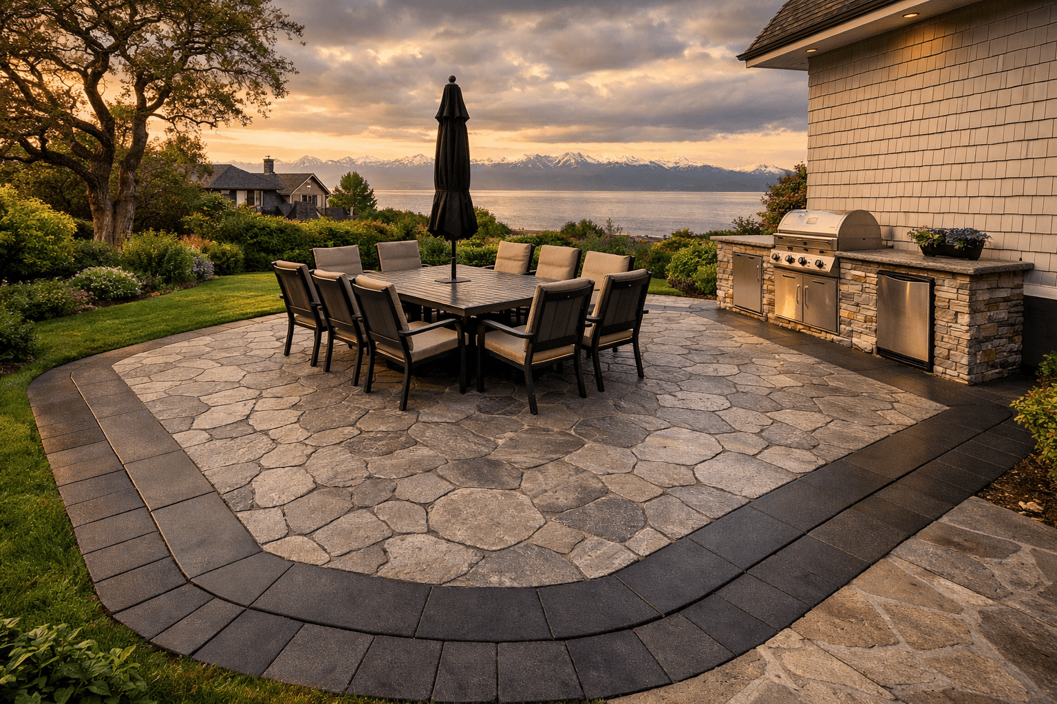 Design concept: Two-Tone Stamped Concrete Entertainment Patio on a residential property in Victoria, British Columbia. Hardscaping inspiration by Daedalus Contracting.