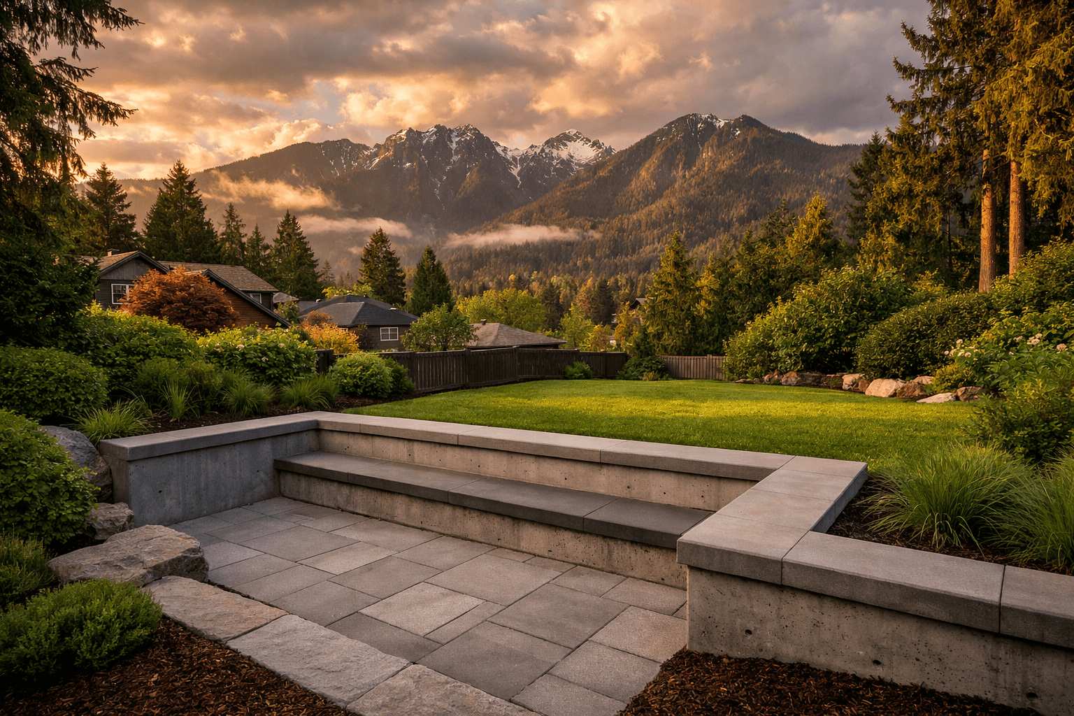 Design concept: Low Garden Retaining Wall with Seat Cap on a residential property in North Vancouver, British Columbia. Hardscaping inspiration by Daedalus Contracting.