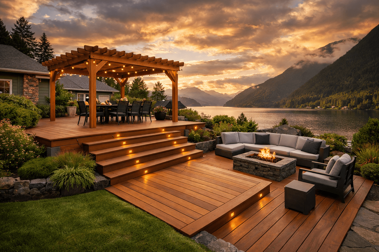 Design concept: Multi-Level Composite Deck with Pergola on a residential property in Harrison Hot Springs, British Columbia. Hardscaping inspiration by Daedalus Contracting.