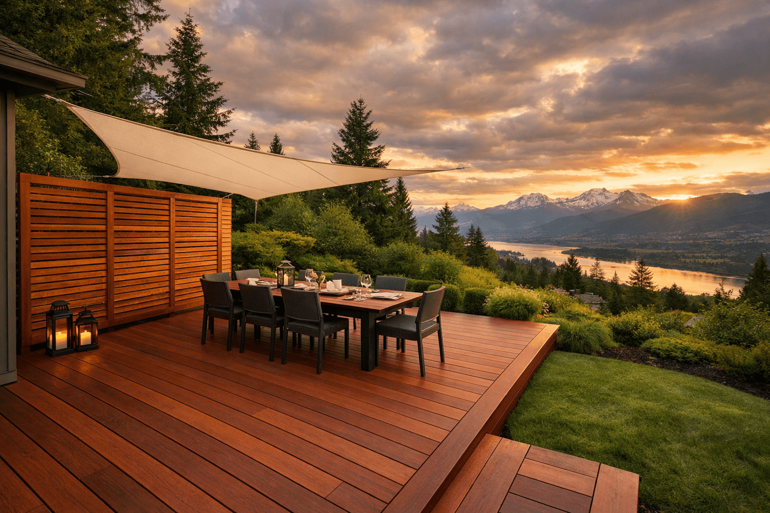 Design concept: Composite Deck with Privacy Screen Wall on a residential property in Mission, British Columbia. Hardscaping inspiration by Daedalus Contracting.
