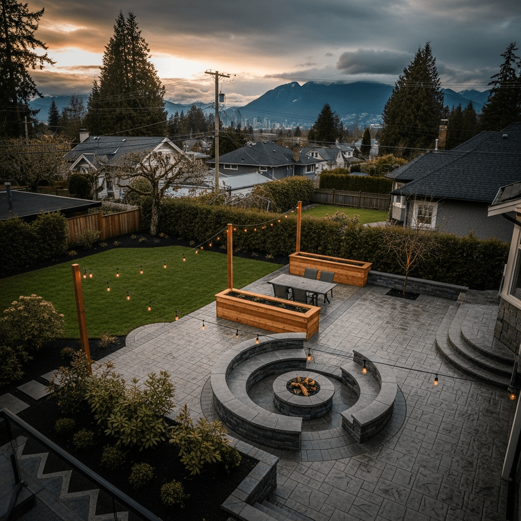 Design concept: Complete Backyard Renovation with Patio and Fire Pit on a residential property in Vancouver, British Columbia. Hardscaping inspiration by Daedalus Contracting.