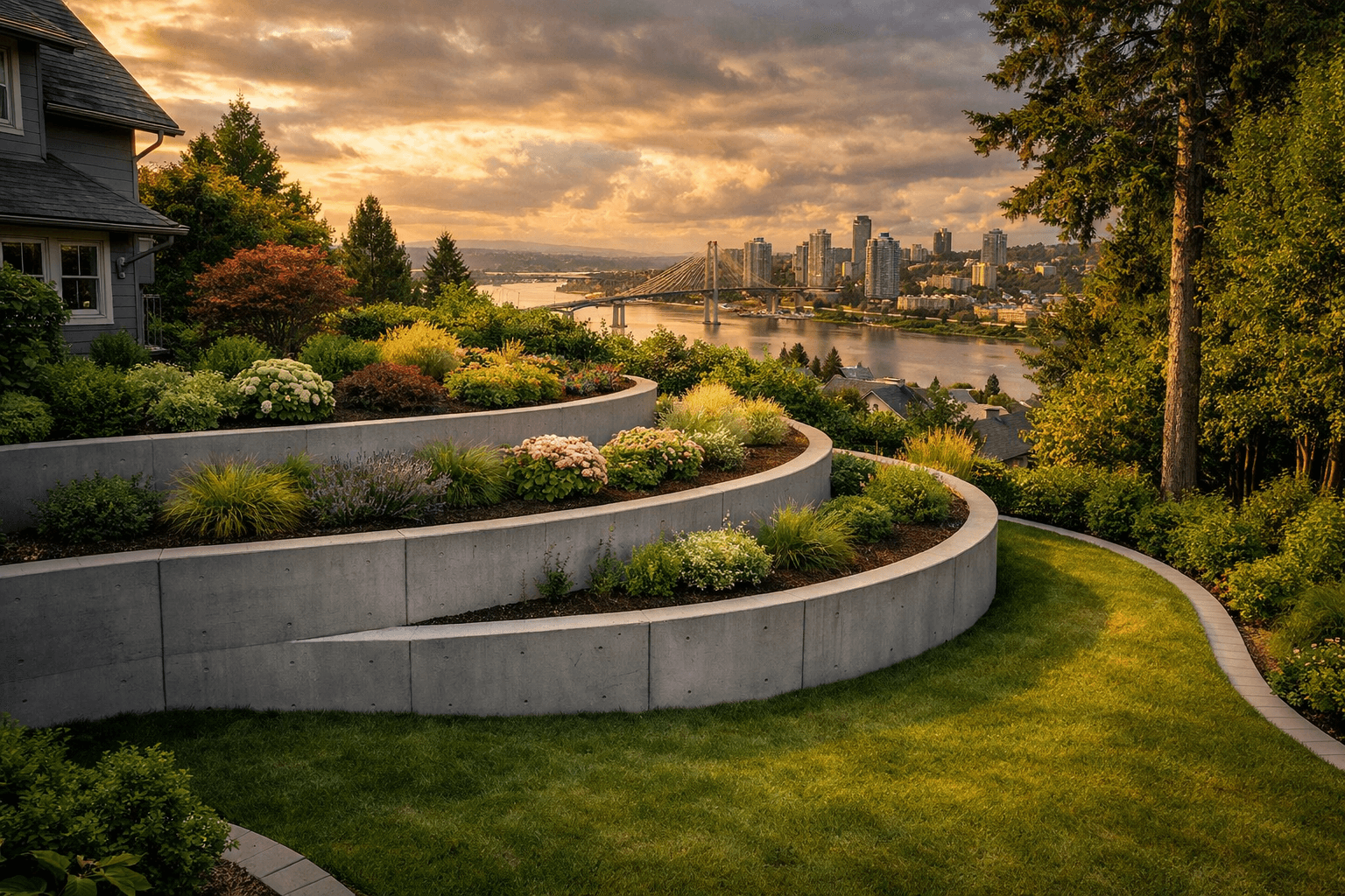 Design concept: Curved Concrete Retaining Wall with Terraced Garden on a residential property in New Westminster, British Columbia. Hardscaping inspiration by Daedalus Contracting.