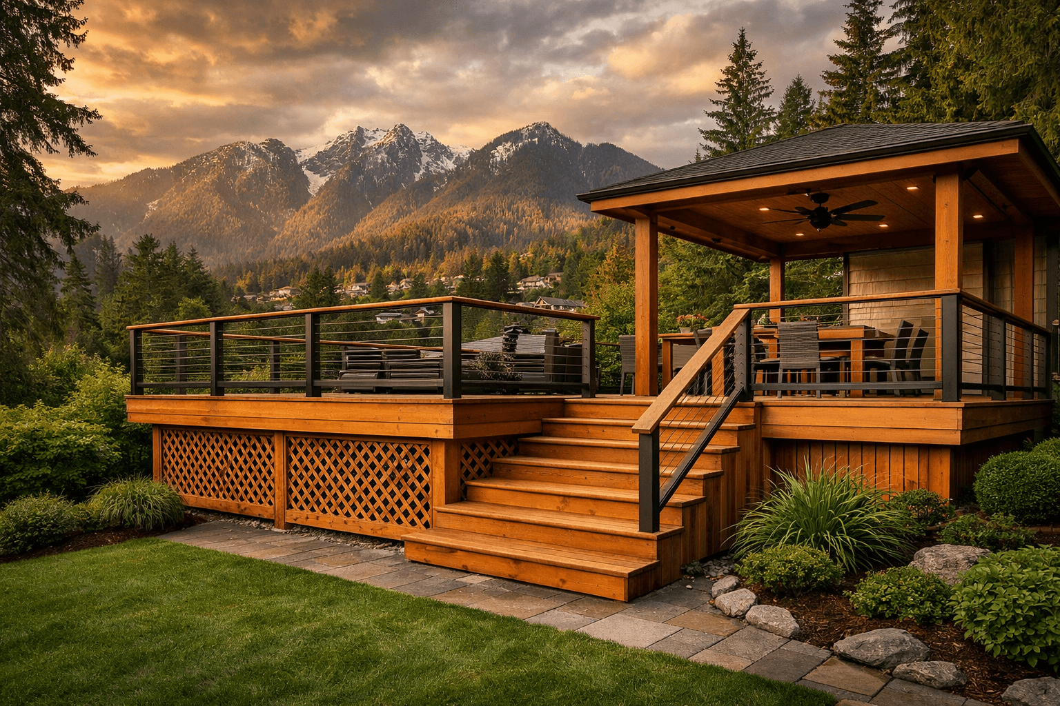 Design concept: Elevated Cedar Deck with Under-Deck Storage on a residential property in North Vancouver, British Columbia. Hardscaping inspiration by Daedalus Contracting.