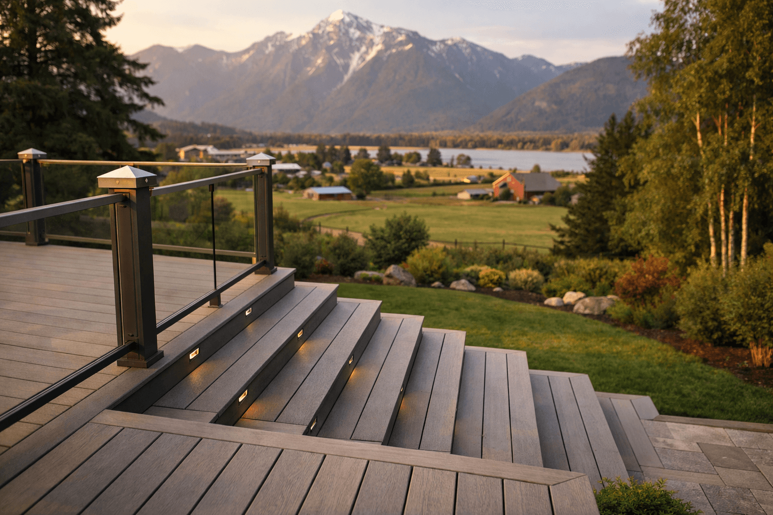 Design concept: Elevated deck with stairs on a residential property in Kent, British Columbia. Hardscaping inspiration by Daedalus Contracting.