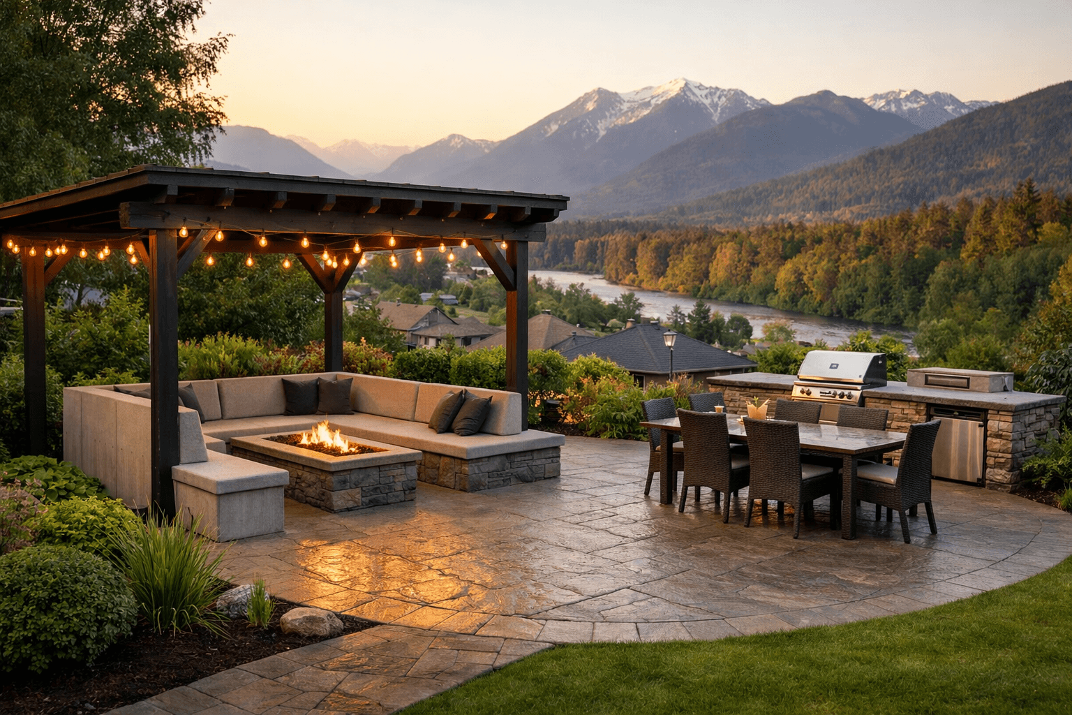 Design concept: Outdoor living room setup on a residential property in Chilliwack, British Columbia. Hardscaping inspiration by Daedalus Contracting.