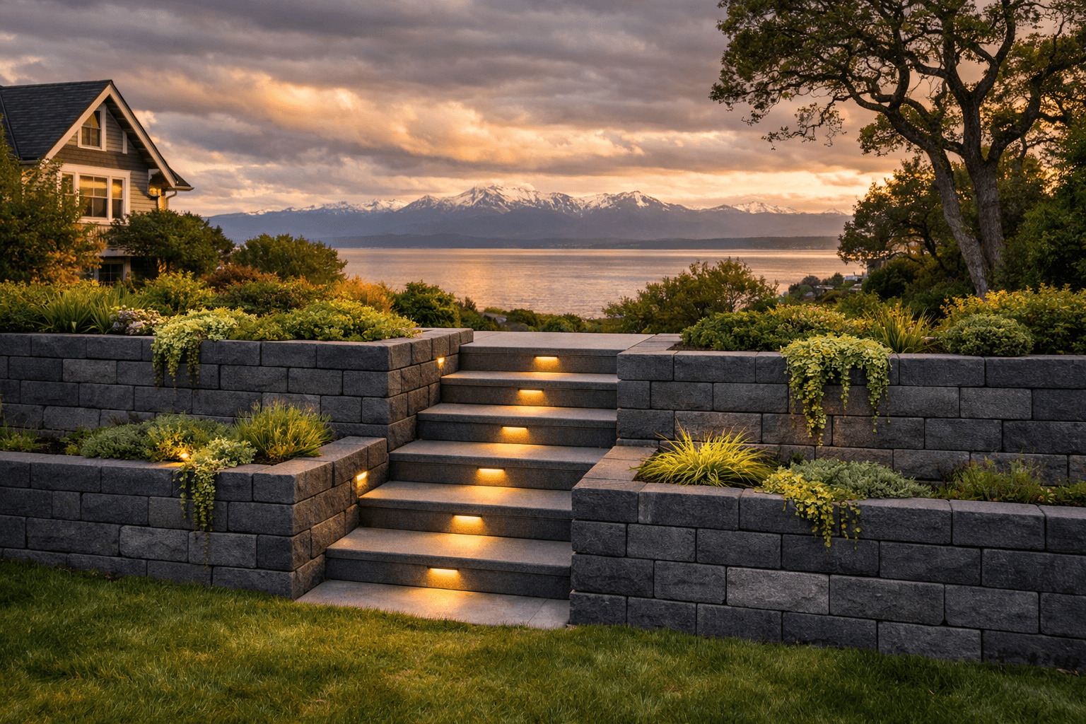 Design concept: Stacked Block Retaining Wall with Staircase on a residential property in Victoria, British Columbia. Hardscaping inspiration by Daedalus Contracting.