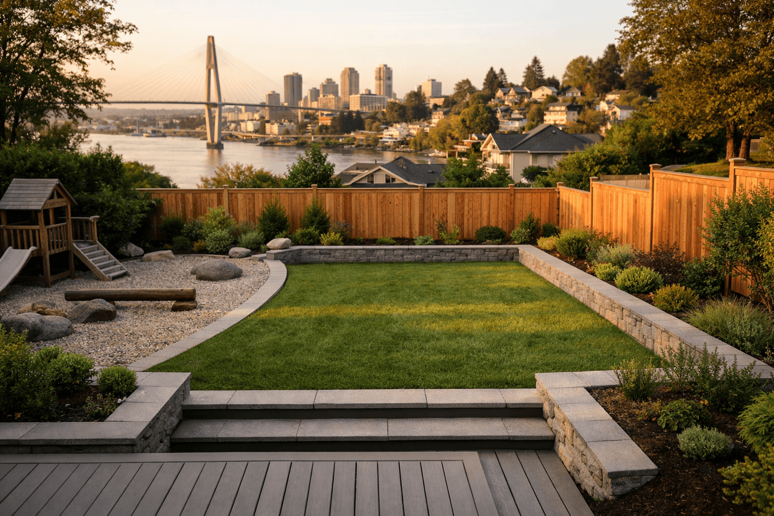 Design concept: Family backyard overhaul on a residential property in New Westminster, British Columbia. Hardscaping inspiration by Daedalus Contracting.