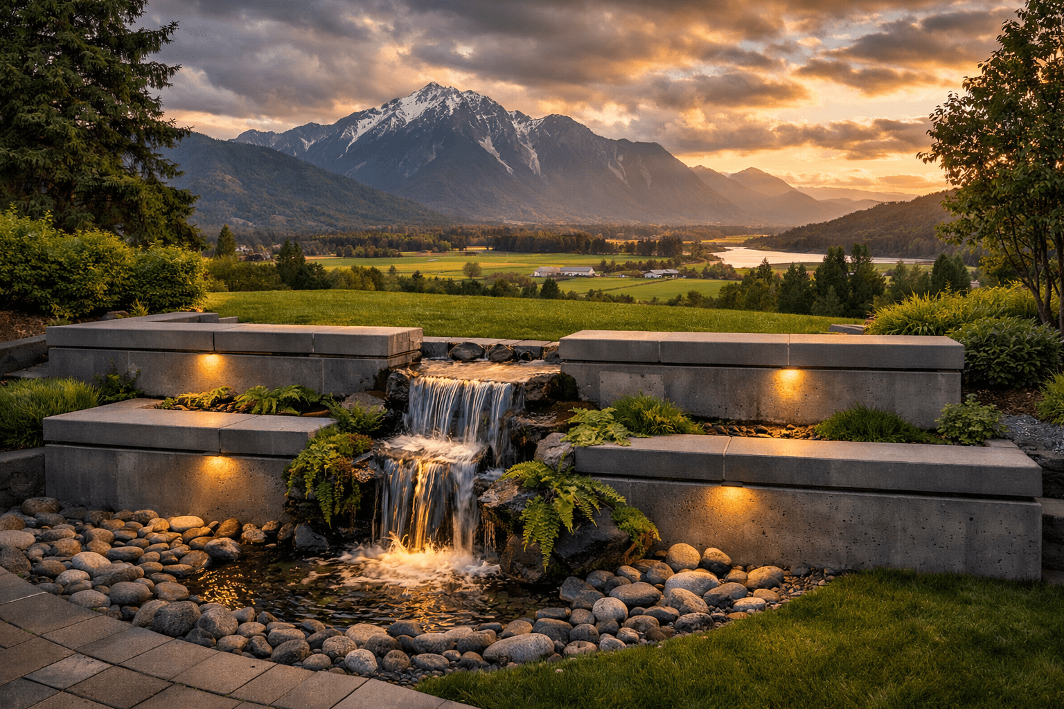 Design concept: Tiered Retaining Wall with Waterfall Feature on a residential property in Kent, British Columbia. Hardscaping inspiration by Daedalus Contracting.