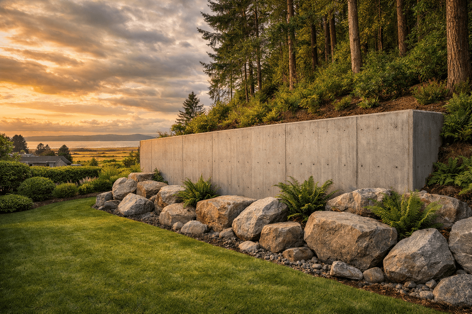 Design concept: Tall Gravity Retaining Wall with Boulder Accents on a residential property in Delta, British Columbia. Hardscaping inspiration by Daedalus Contracting.