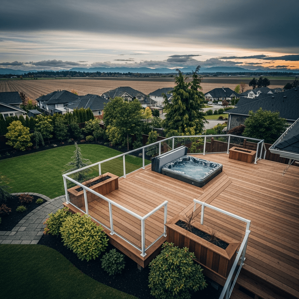 Design concept: Wraparound Cedar Deck with Glass Railing on a residential property in Surrey, British Columbia. Hardscaping inspiration by Daedalus Contracting.