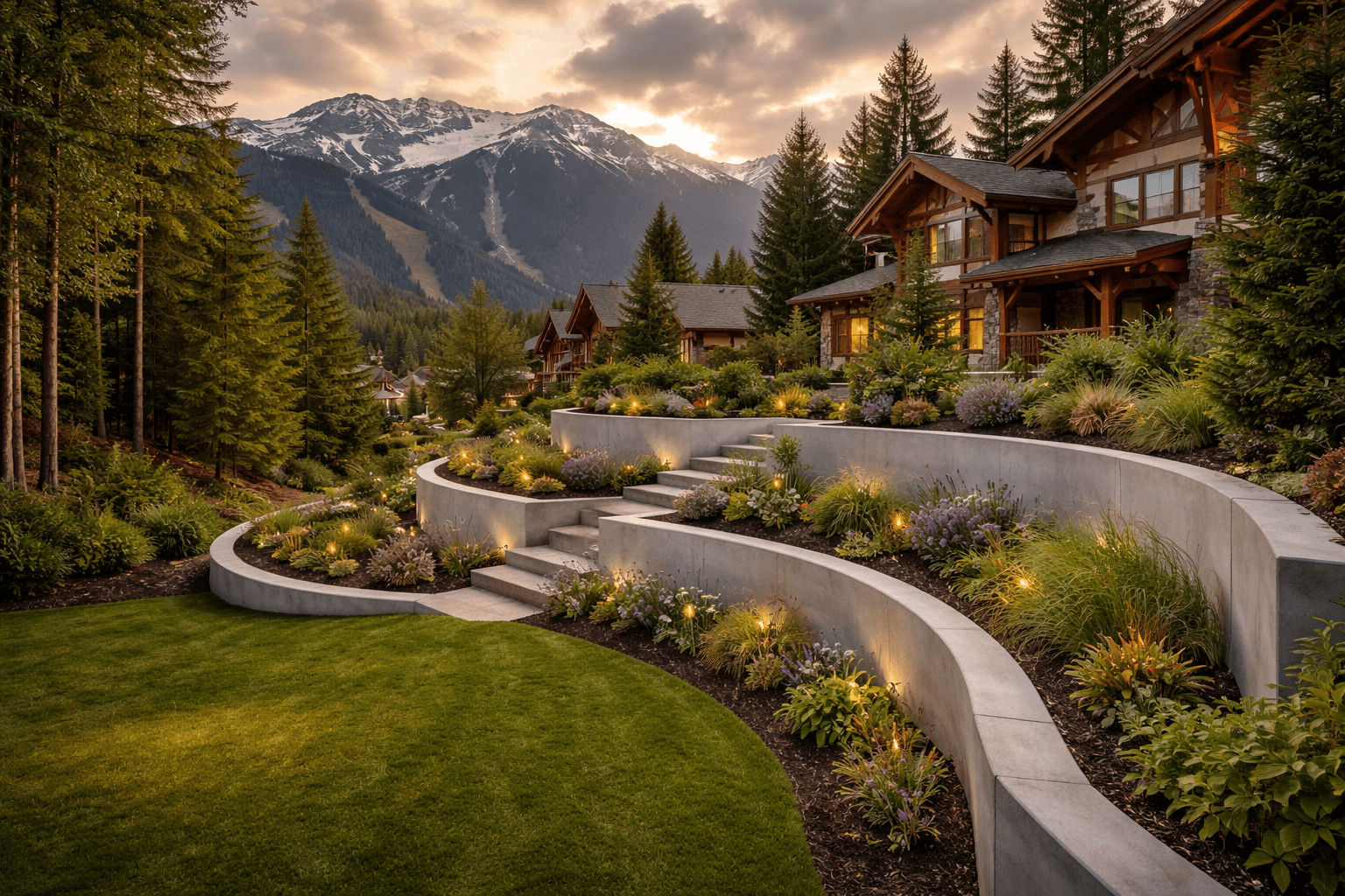 Design concept: Curved Concrete Retaining Wall with Terraced Garden on a residential property in Whistler, British Columbia. Hardscaping inspiration by Daedalus Contracting.