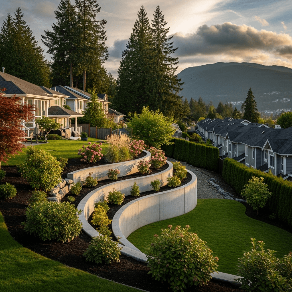 Design concept: Curved Concrete Retaining Wall with Terraced Garden on a residential property in Coquitlam, British Columbia. Hardscaping inspiration by Daedalus Contracting.