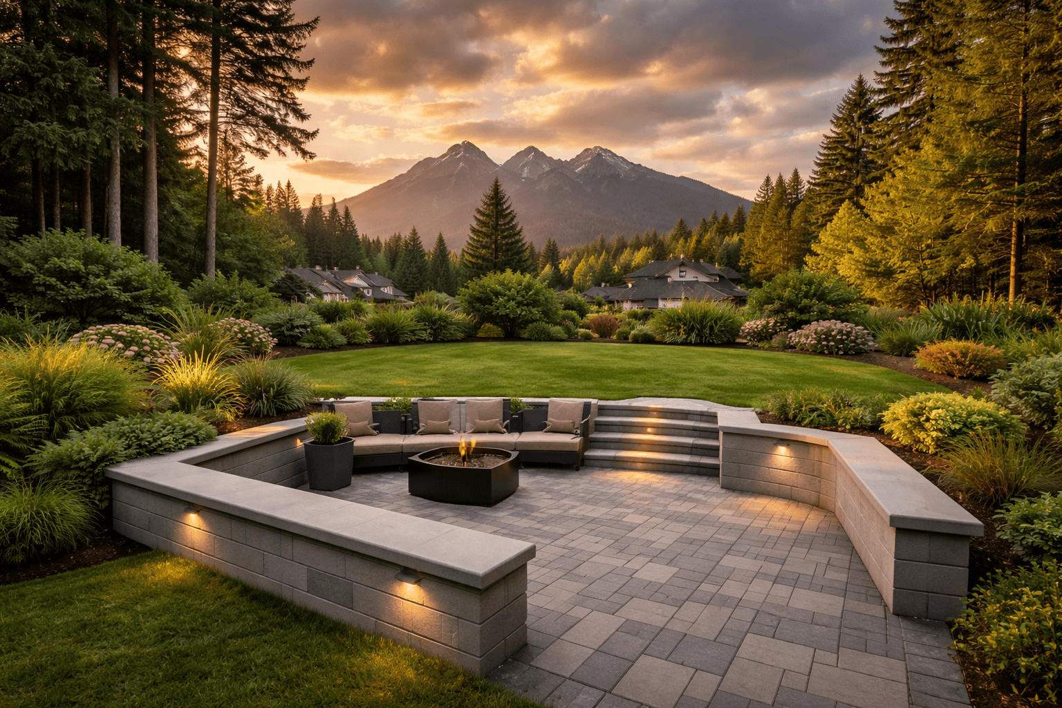 Design concept: Low Garden Retaining Wall with Seat Cap on a residential property in Maple Ridge, British Columbia. Hardscaping inspiration by Daedalus Contracting.