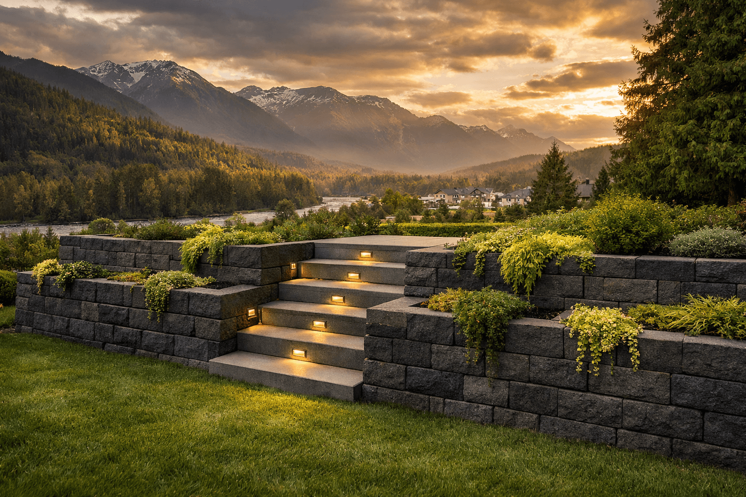 Design concept: Stacked Block Retaining Wall with Staircase on a residential property in Chilliwack, British Columbia. Hardscaping inspiration by Daedalus Contracting.