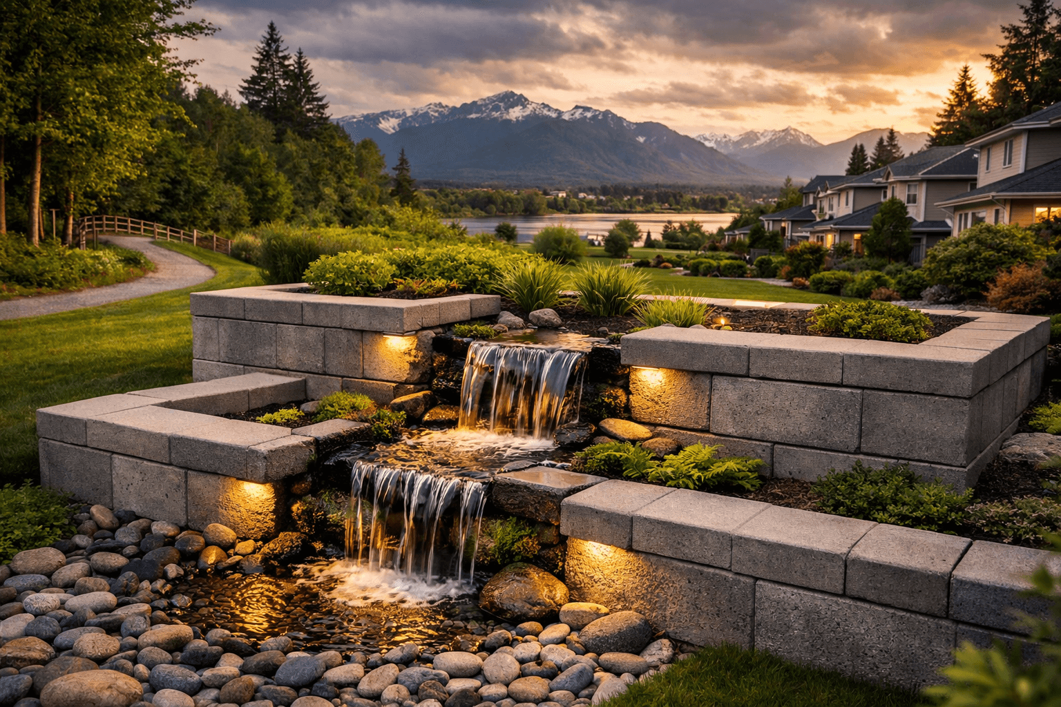Design concept: Tiered Retaining Wall with Waterfall Feature on a residential property in Port Coquitlam, British Columbia. Hardscaping inspiration by Daedalus Contracting.